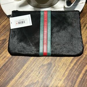 Elegant Black Clutch with Red and Green Stripe